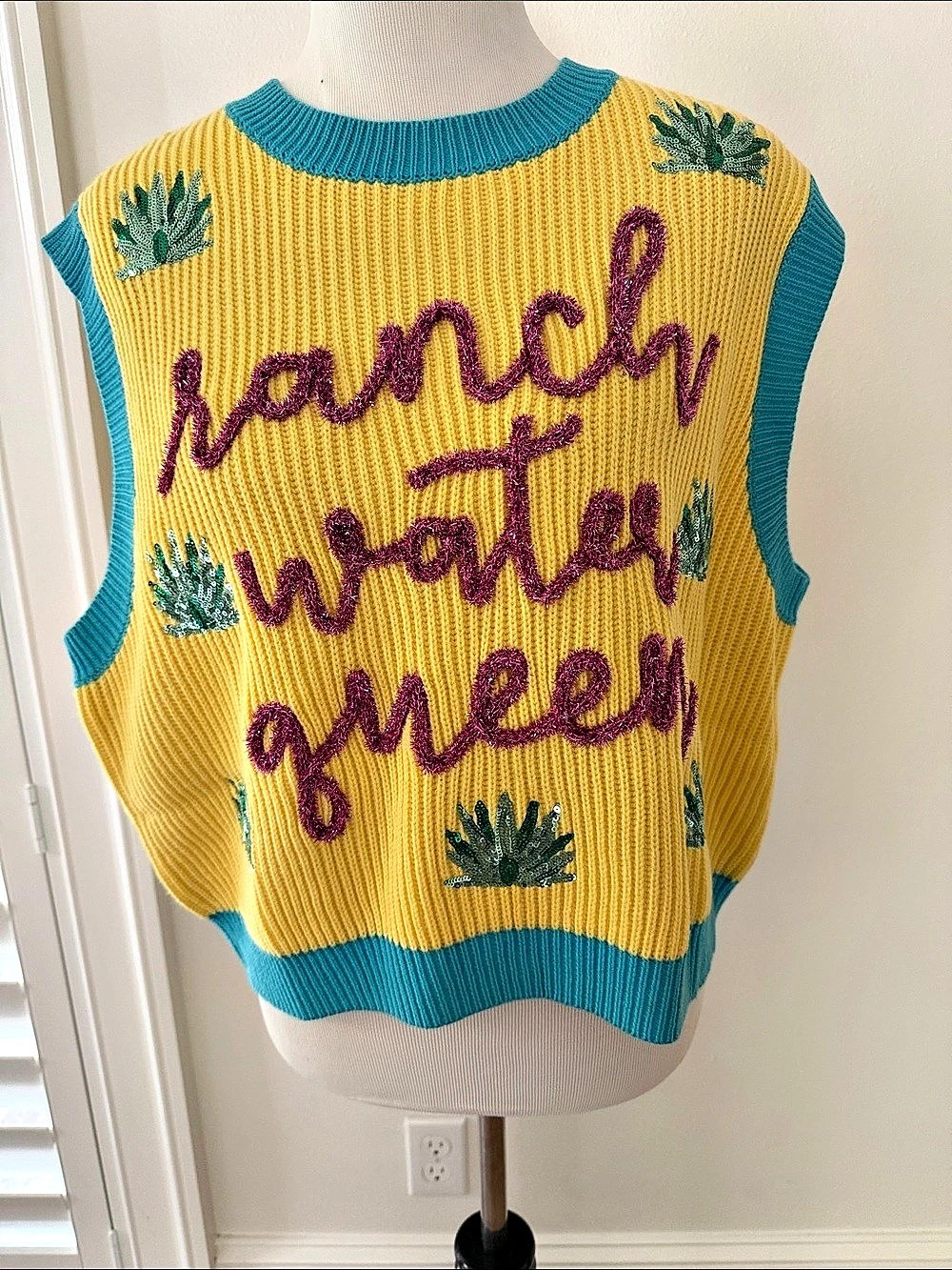 Queen of Sparkles Ranch Water
 Embroidered Knit Vest in Yellow & Blue Size Mediu